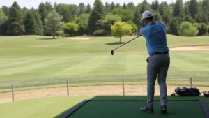 Golfer practicing swing on driving range with manicured fairway and trees in background, natural daylight, realistic professional setting