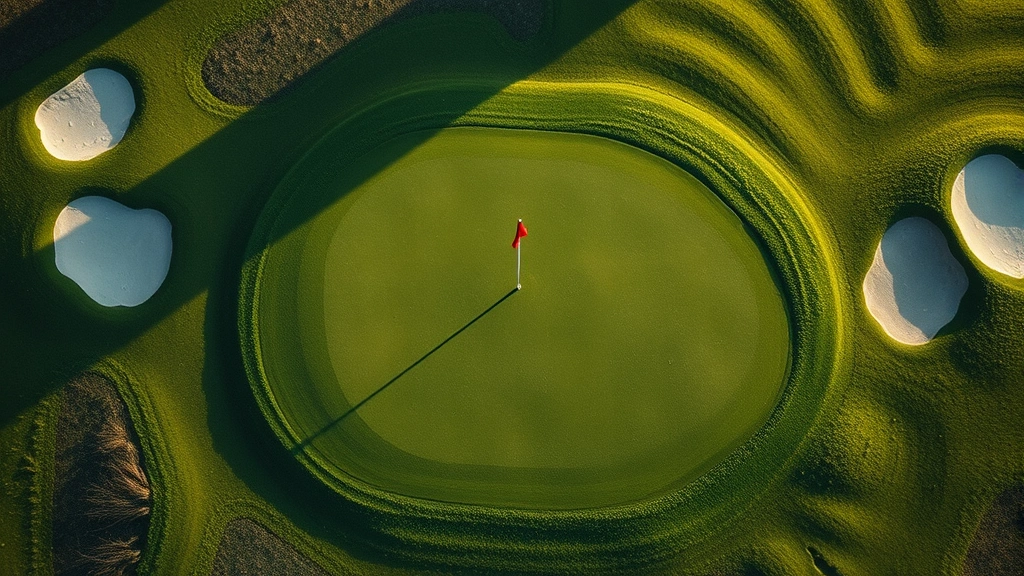 Overhead view of pristine golf green with flag marker, surrounding fairway and bunkers, morning dew visible on grass