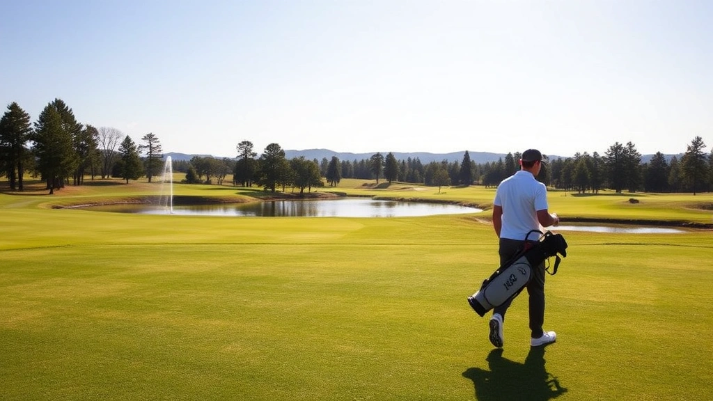 Golfer walking on fairway with golf bag, scenic course landscape with water feature and trees, peaceful natural environment