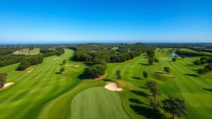 Aerial view of a pristine golf course with emerald green fairways, well-manicured bunkers, and tree-lined holes under clear blue sky, showing irrigation system in action with water spray visible