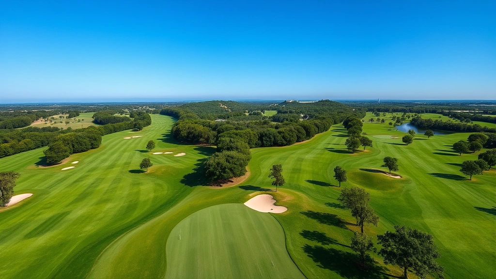 Aerial view of a pristine golf course with emerald green fairways, well-manicured bunkers, and tree-lined holes under clear blue sky, showing irrigation system in action with water spray visible
