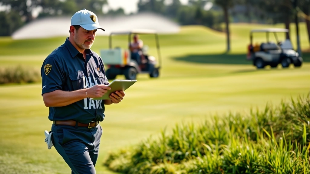 Professional golf course superintendent in uniform using tablet to monitor irrigation system while walking across the fairway with maintenance equipment and staff visible in background