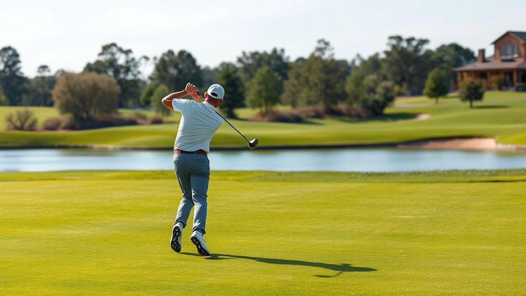 Golfer in mid-swing on well-maintained fairway with water hazard visible in background, professional form, natural daylight, realistic golf course setting