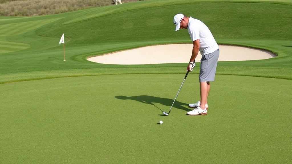 Golfer practicing short game on putting green with sand bunker nearby, focused concentration, manicured grass, realistic course conditions at practice facility