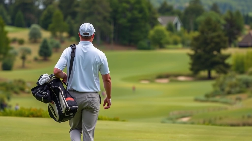 Golfer walking fairway carrying golf bag, reviewing course layout, studying terrain and hazards, natural golf course landscape with trees and green vegetation