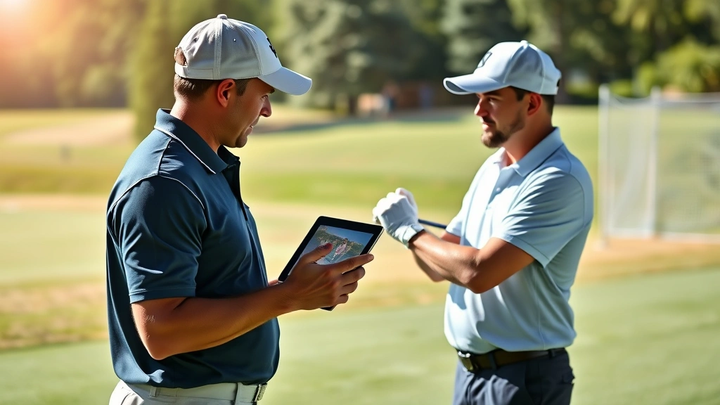 Professional golf instructor in polo shirt providing real-time swing feedback to adult student on practice range, using tablet with video analysis, morning sunlight, genuine interaction
