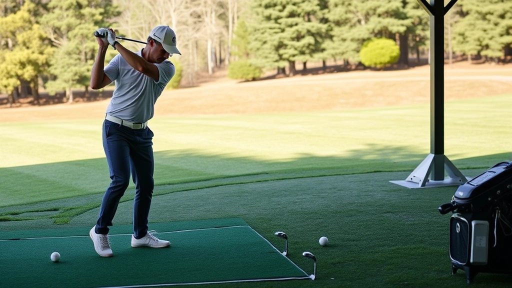 Golfer mid-swing on driving range with organized practice routine, multiple golf balls set up for systematic drill work, natural outdoor lighting, focused concentration