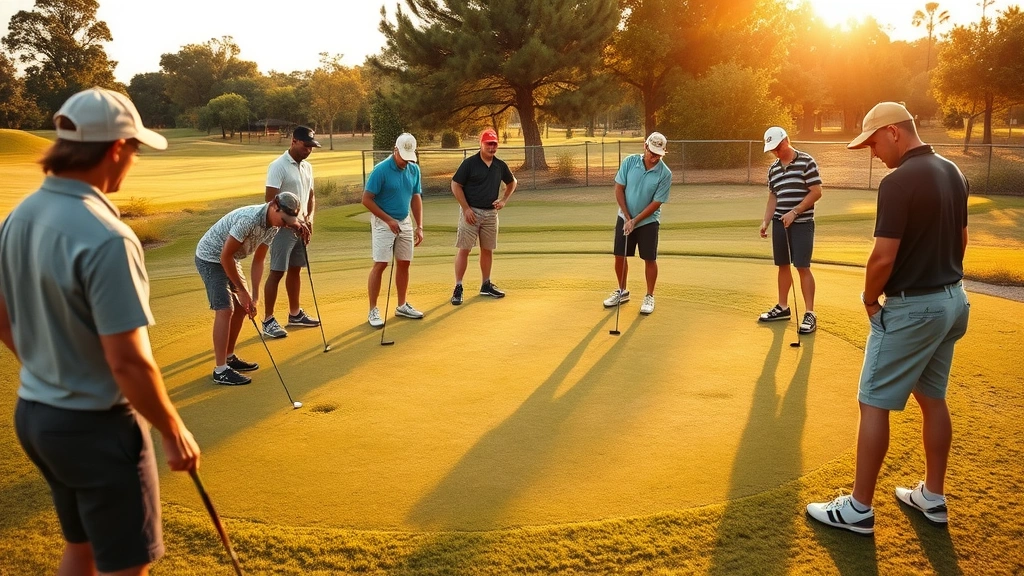 Mixed group of golfers practicing on short game area with chipping green, various skill levels, authentic learning environment, afternoon golden hour lighting