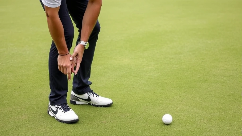 Professional golfer demonstrating proper grip and stance at address position, hands clearly showing overlapping grip technique, feet shoulder-width apart on green course