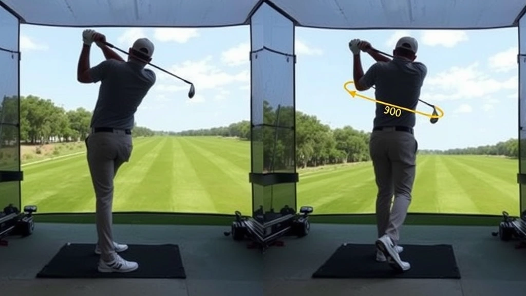 Golfer mid-backswing showing 90-degree shoulder turn and coil position, body rotation visible, practicing on driving range with alignment aids