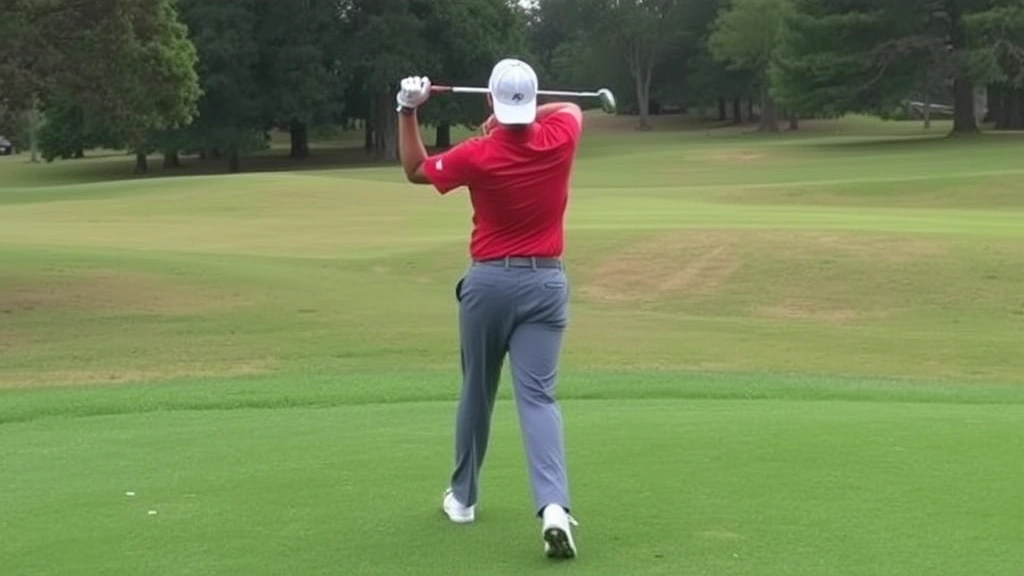 Golfer in follow-through position after impact, balanced posture facing target, club wrapped around body, demonstrating complete swing sequence on fairway