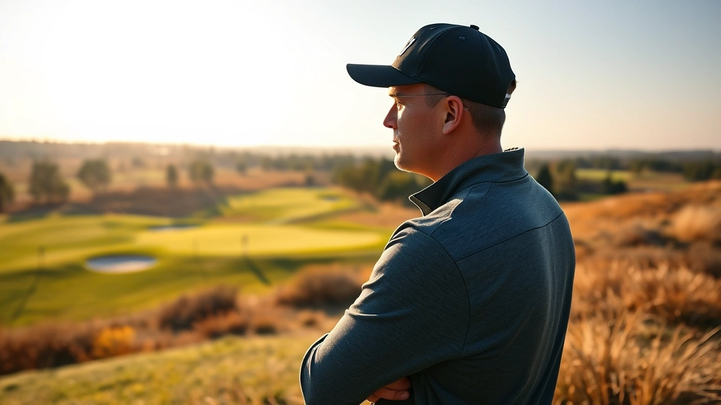 Professional golfer analyzing course layout from elevated viewpoint, studying fairway contours and hazard positions, morning sunlight, focused expression