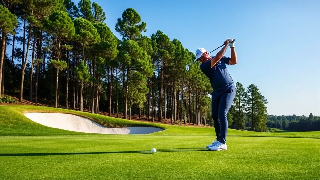 Golfer executing precise approach shot on manicured green with strategic bunkers visible, demonstrating technical form and concentration