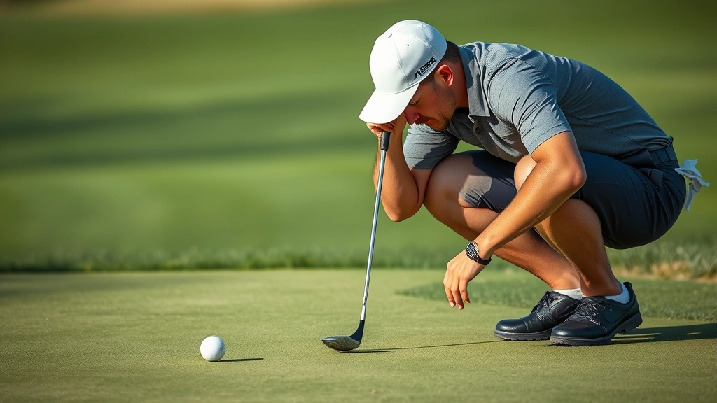 Golfer reading green and analyzing putt line while crouching, examining slope and grain direction with professional intensity and deliberation