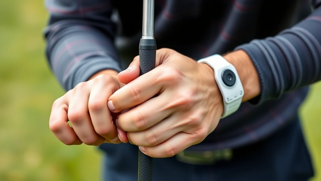 Close-up of golfer's hands demonstrating proper grip on golf club, showing finger positioning and club alignment, outdoors on practice range with blurred green grass background
