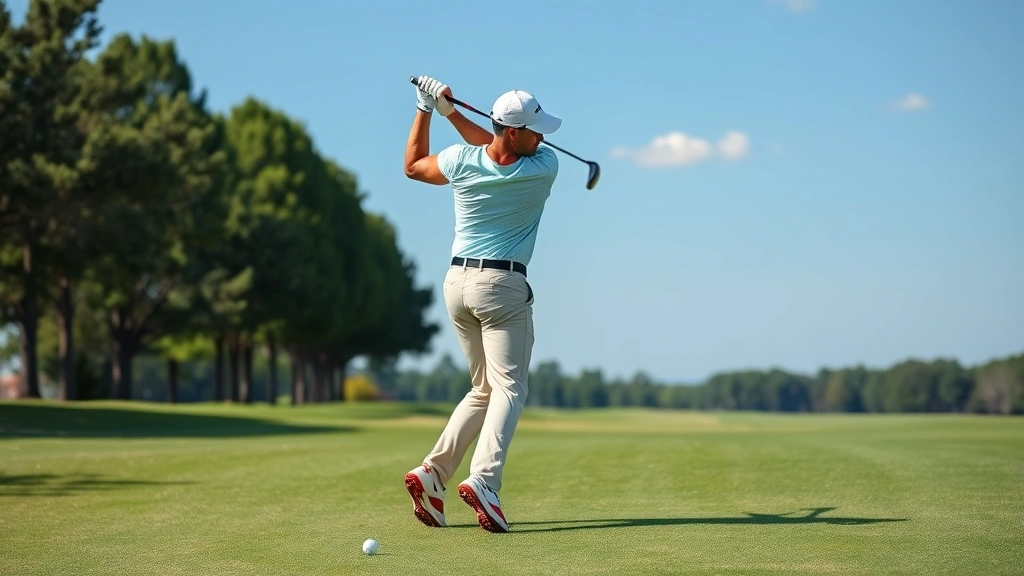 Golfer in athletic stance mid-swing on well-maintained practice fairway, showing proper posture and body alignment with trees and clear sky in background