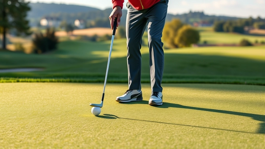 Golfer practicing on putting green with multiple balls, demonstrating short-game technique near hole with manicured grass and golf course landscape in background