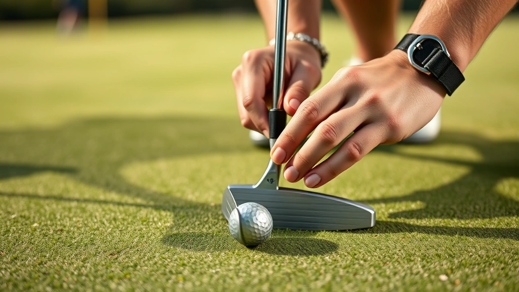 Close-up of golfer's hands on putter over firm green with multiple break lines visible, concentration expression, natural morning light on well-maintained putting surface