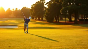 Golfer practicing on a lush fairway with perfect turf conditions, demonstrating the quality of course maintenance and green-side approach shots during golden hour lighting