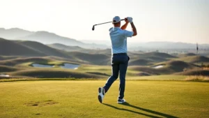 Golfer in mid-swing on elevated fairway with rolling hills and strategic bunkers visible in background, morning light, professional stance and form, realistic golf course setting