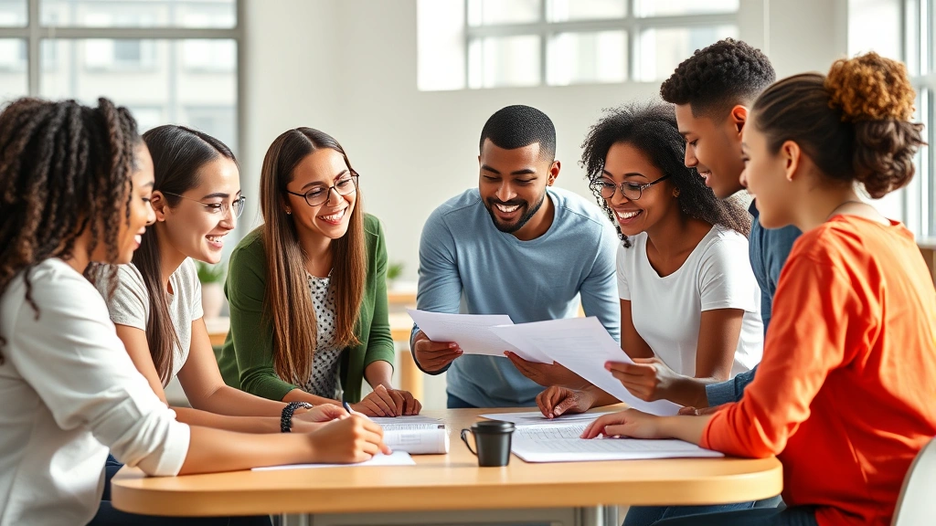 A diverse group of students collaborating around a table in a bright, modern classroom with natural lighting and engaged facial expressions, discussing coursework together