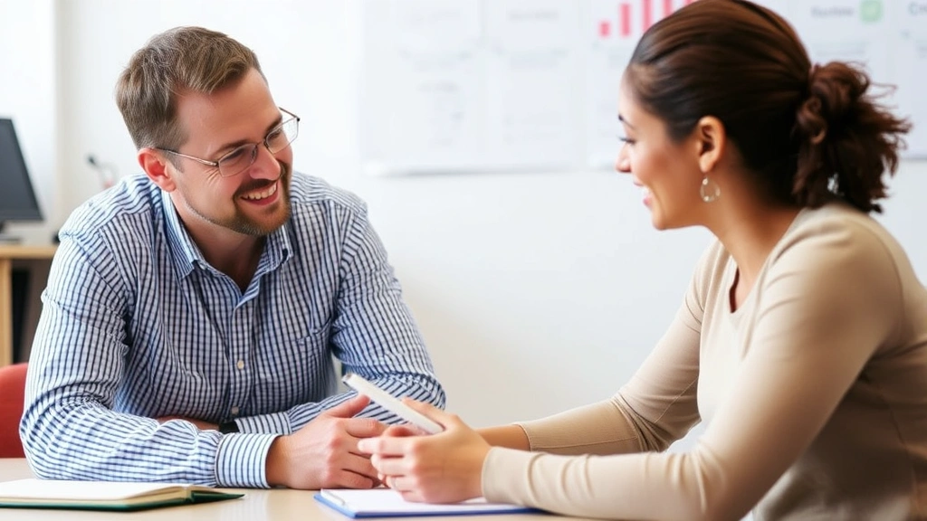 A close-up of an instructor providing personalized feedback to a student at a desk, with both individuals focused and positive, showing meaningful educational interaction
