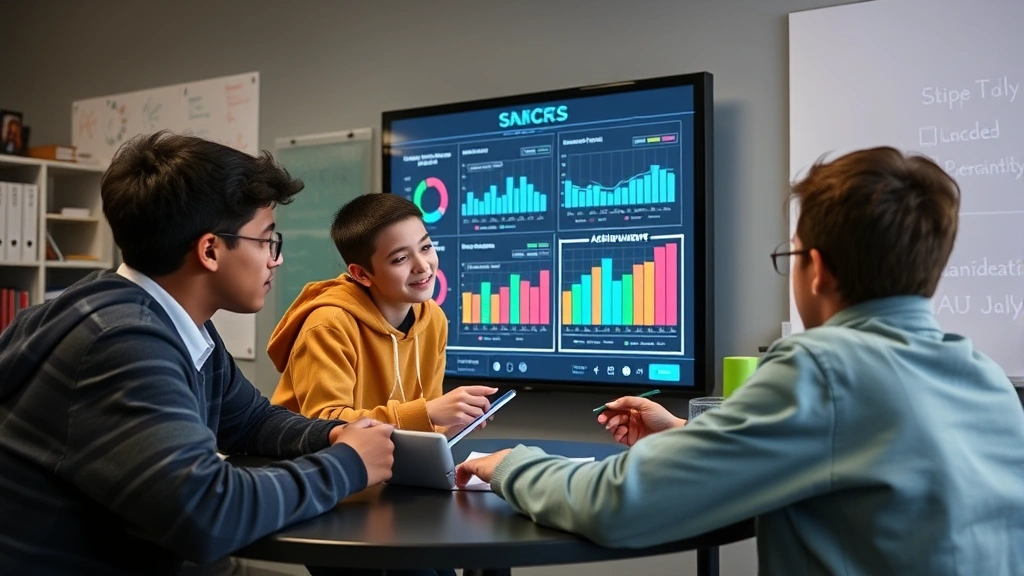 Students working on a group project with visible progress charts and achievement indicators on a digital display, showing transparent assessment and collaborative learning in action