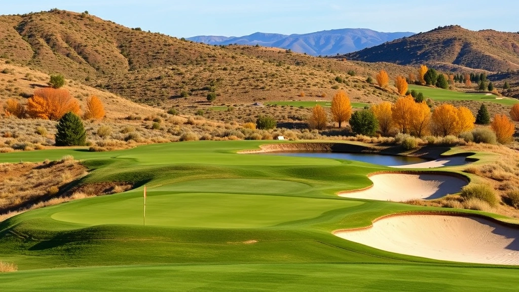 Scenic golf hole with elevated green, sand bunkers, water feature, Sandhills terrain, autumn foliage background, professional course condition, natural lighting, no text