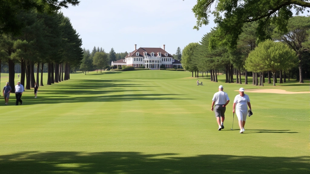 Golfers walking on manicured fairway with clubhouse in distance, well-maintained landscape, trees framing course, peaceful setting, diverse golfers, no signage or text visible