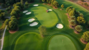 Aerial view of a pristine 18-hole championship golf course with manicured fairways, putting greens, and sand bunkers surrounded by trees and landscaping, professional maintenance crew visible with equipment