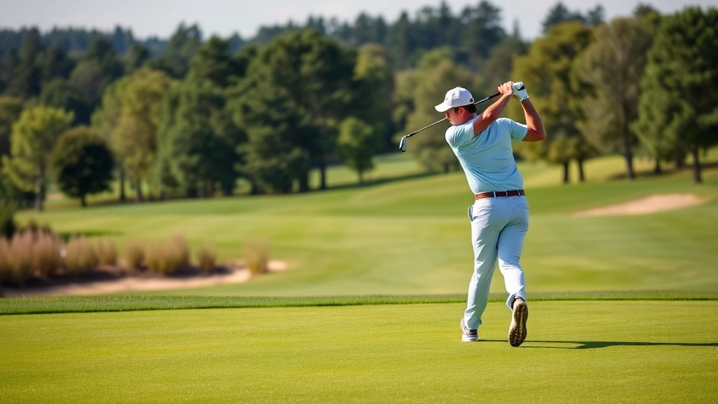 Golfer mid-swing on lush fairway with manicured grass and distant trees, natural daylight, professional quality, showing proper golf technique and course aesthetics