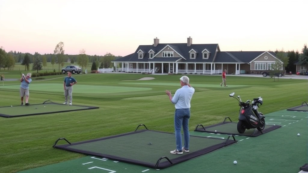 Practice facility with driving range and target greens, golfers warming up before rounds, clubhouse building in background, professional golf course amenities, daytime lighting