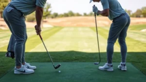Golfer demonstrating proper stance and posture at address position on practice range, wearing golf attire, neutral background, photorealistic daylight