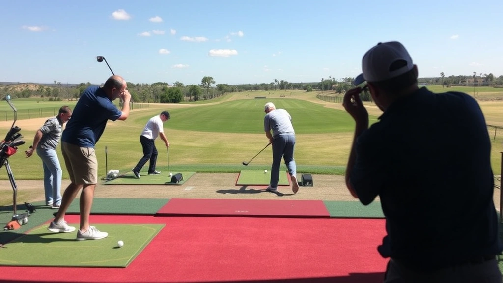 Practice driving range with multiple golfers hitting balls toward distant targets, open sky, professional facility setting