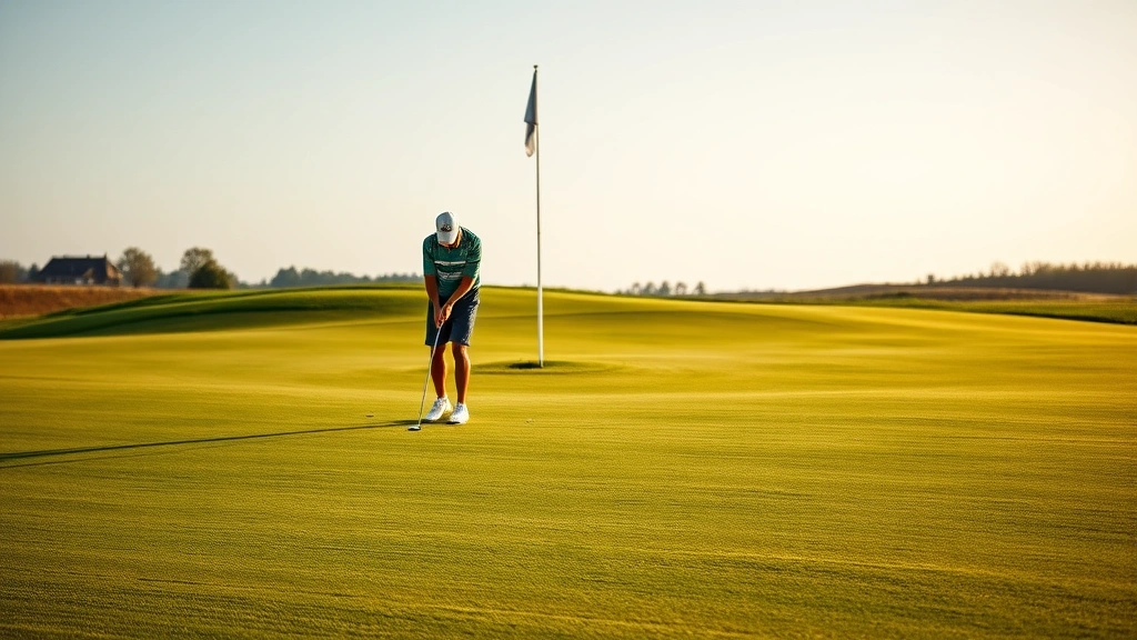 Golfers putting on smooth green with flag in background, concentrated expression, natural outdoor lighting