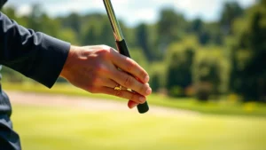 Close-up of golfer's hands and club at address position on tee box, showing proper grip and posture setup with manicured fairway background, photorealistic daylight conditions