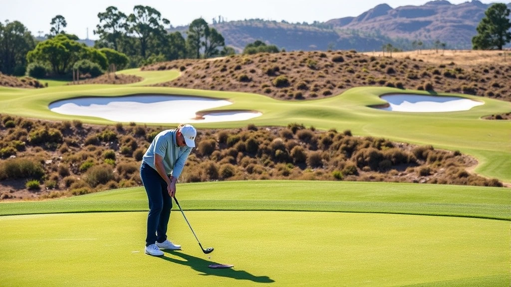 Golfer practicing short game shots on manicured practice green with multiple hole positions visible, demonstrating focused skill development with bunkers and varied terrain in background