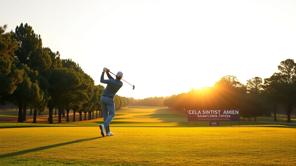 Professional golfer mid-swing at sunrise on manicured fairway with tree-lined course and distant green, photorealistic, natural lighting