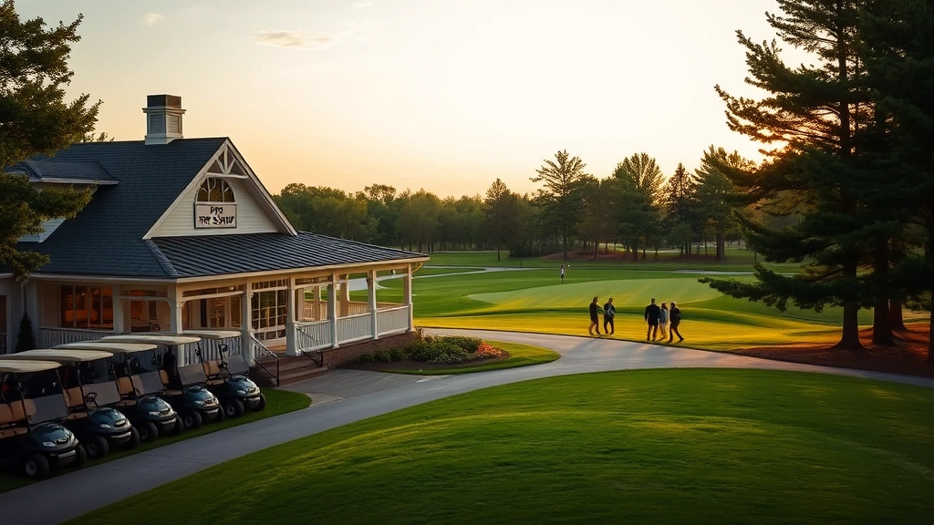 Clubhouse exterior with pro shop entrance, golf carts lined up, practice range visible, players walking toward first tee, golden hour lighting