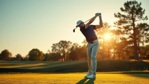 Professional golfer mid-swing on fairway during early morning golden light, demonstrating proper golf technique and form with clear blue sky background
