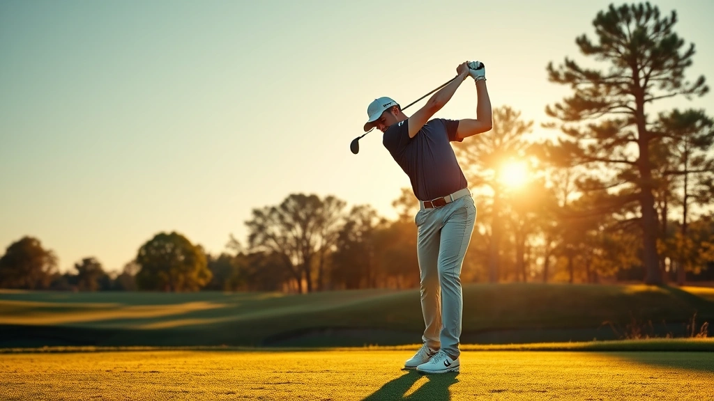 Professional golfer mid-swing on fairway during early morning golden light, demonstrating proper golf technique and form with clear blue sky background
