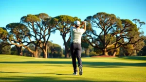 Professional golfer mid-swing on manicured golf course fairway with mature oak trees in background, natural lighting, clear blue sky, photorealistic