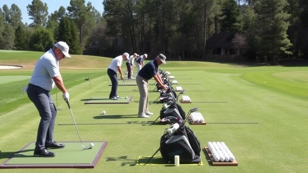 Golfers practicing on a well-maintained driving range with balls lined up on hitting stations, demonstrating pre-round warm-up routines in outdoor setting