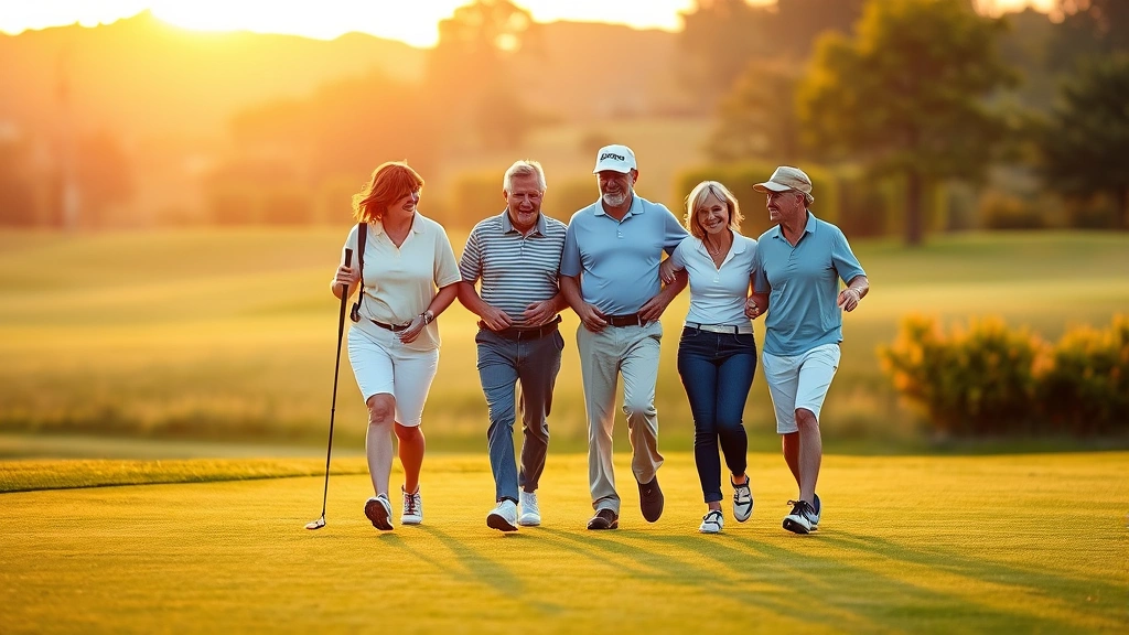 A group of golfers of mixed ages walking together on a fairway during golden hour, showing family and social aspects of recreational golf play outdoors