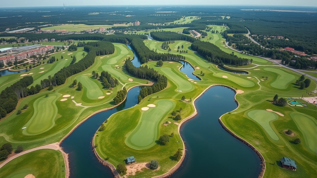 Wide aerial view of 18-hole golf course layout showing fairways, greens, and water features integrated throughout park setting, natural landscape perspective