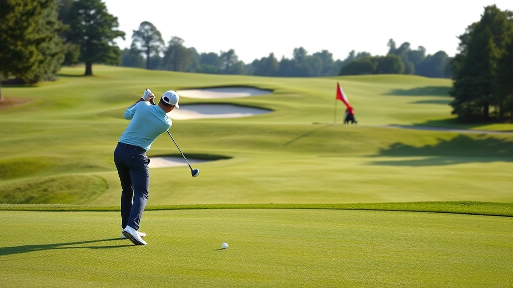 Professional golfer executing precise approach shot on manicured fairway with bunkers visible in background, lush green landscape, natural lighting, championship-quality course conditions, no text or signage visible