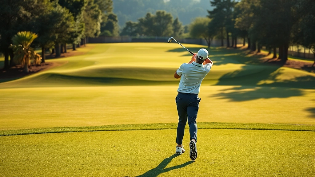 Professional golfer mid-swing on lush fairway with elevated green in background, morning sunlight, manicured course landscape