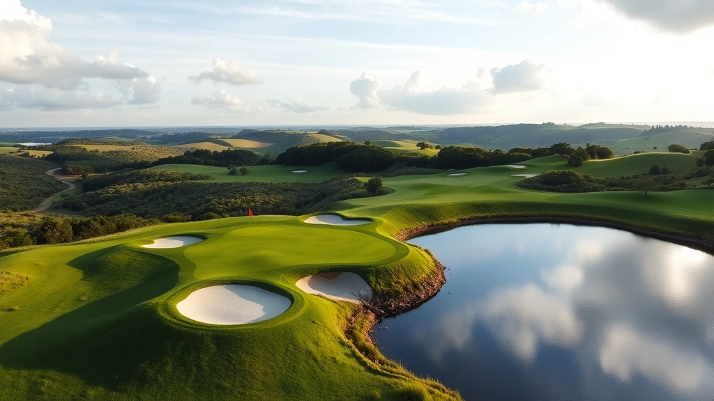 Aerial view of scenic golf hole featuring elevated green, strategic bunker placement, water hazard reflecting sky, rolling terrain, morning light casting shadows, verdant landscape, no course markers or text