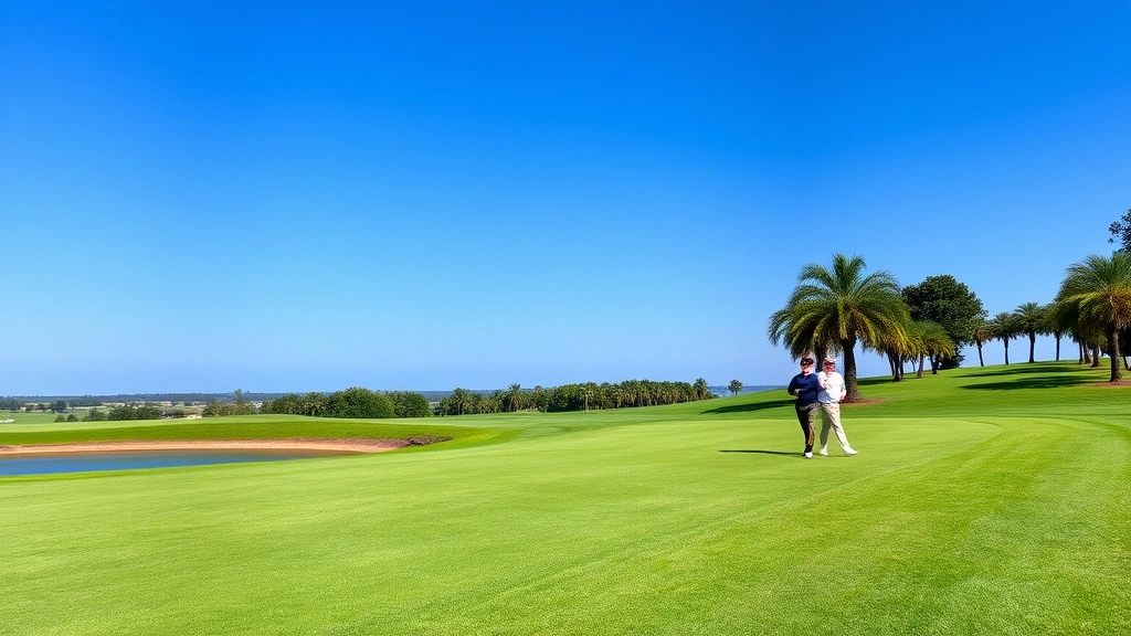 Golfers walking across pristine fairway with water hazard visible, trees lining course, clear blue sky, genuine outdoor golfing moment