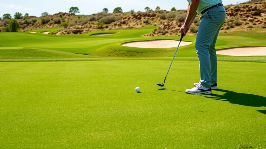 Golf course green with bunkers and natural terrain, golfer preparing putt, well-maintained grass, professional course conditions, outdoor setting